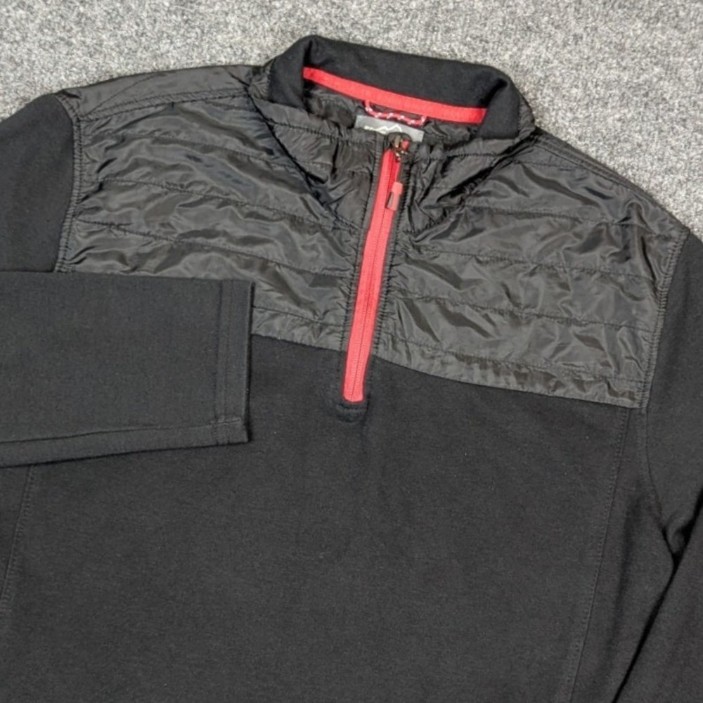 Eddie Bauer Mens Large Black Hybrid 1/4 Zip Quilted Yoke Pullover Sweater
